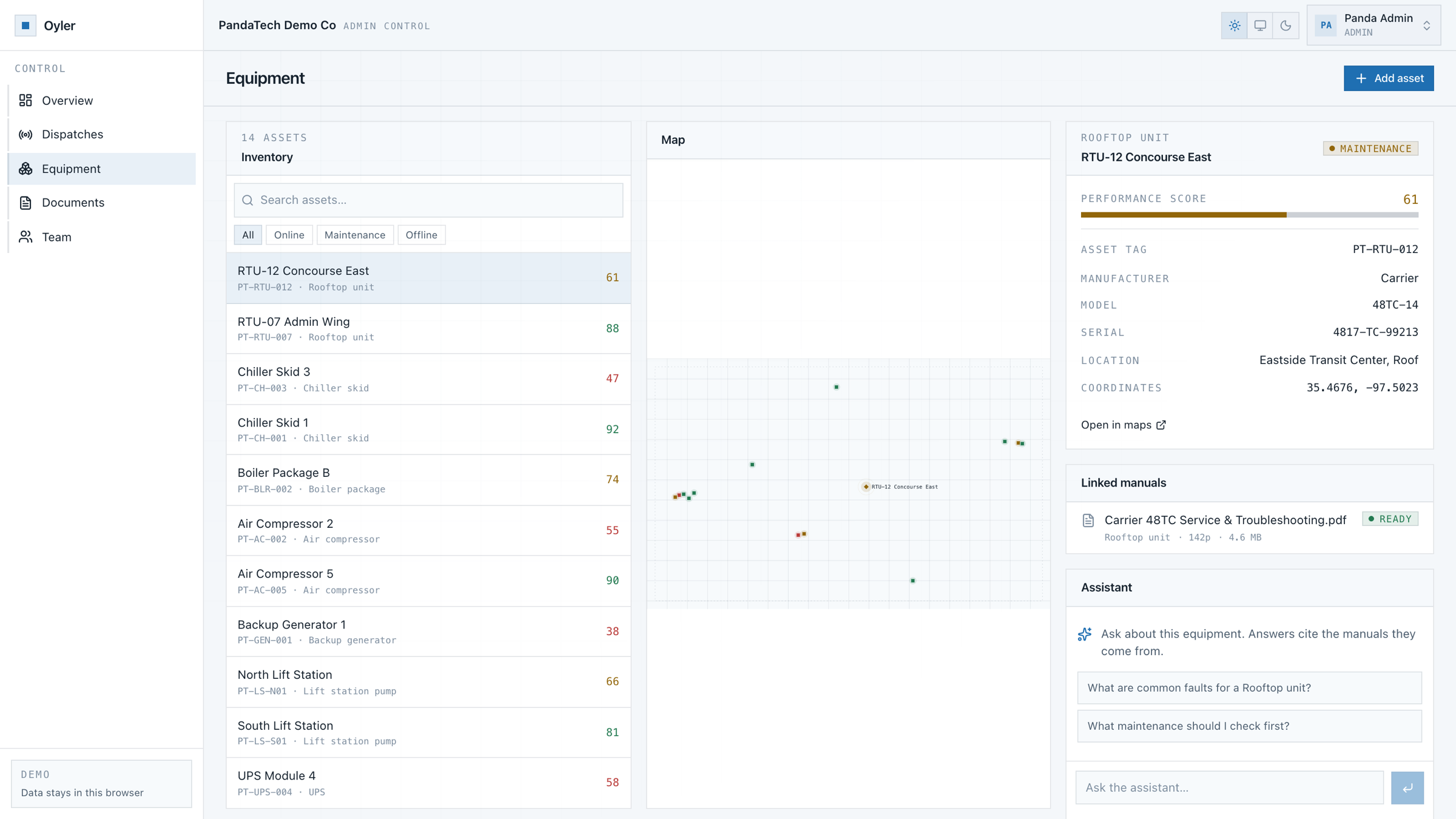 An equipment record in Oyler showing asset details, linked manuals, and the assistant panel