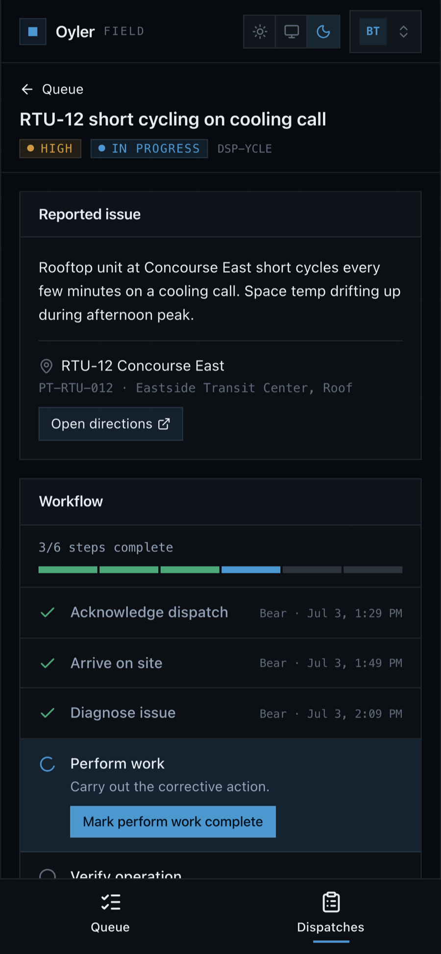 The Oyler field view on a phone: a dispatch with the reported issue and a step-by-step workflow