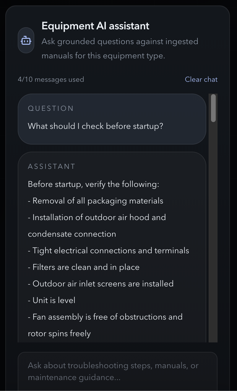 AI assistant inside the Oyler app answering equipment questions