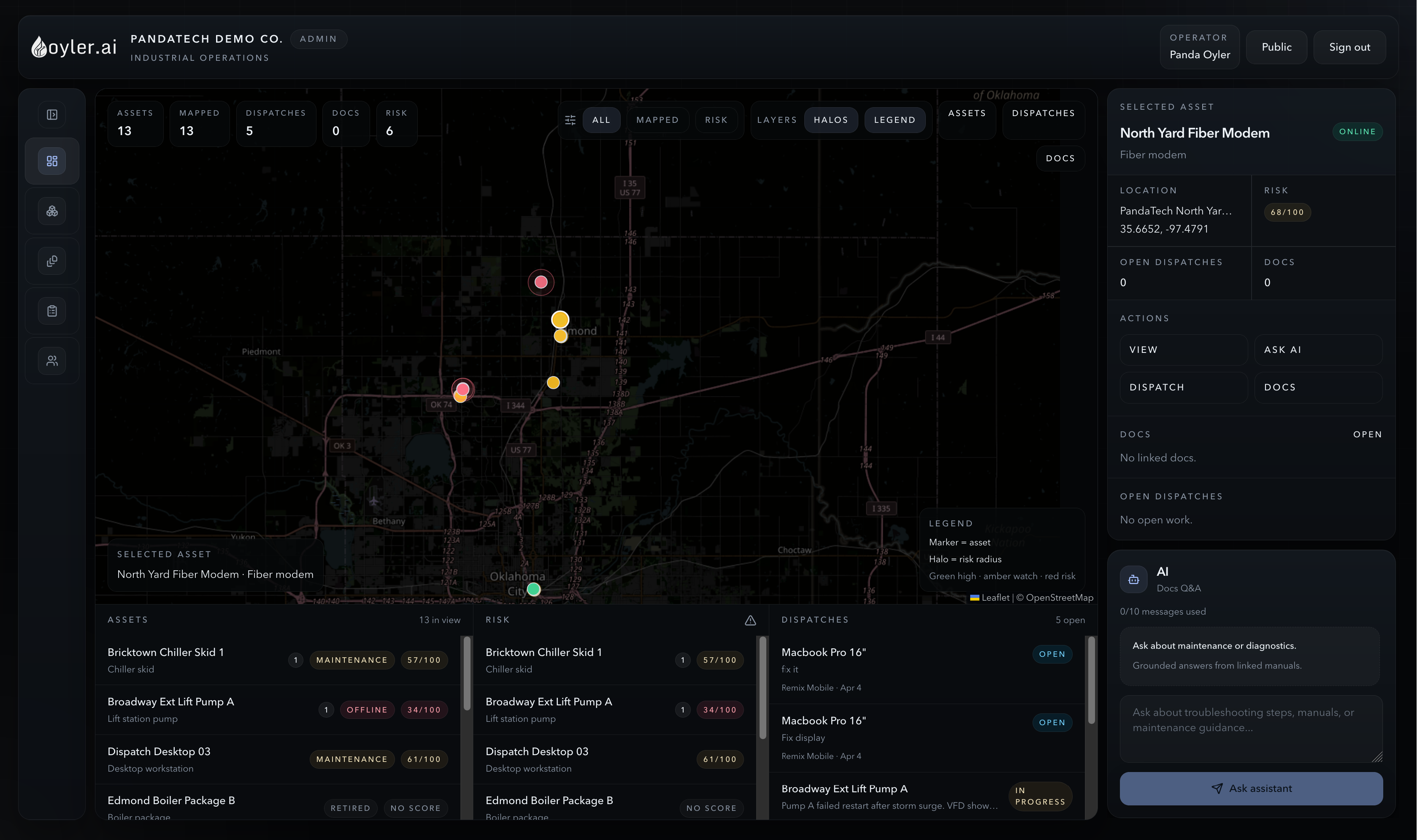 Oyler dashboard overview showing asset map, dispatches, and AI panel