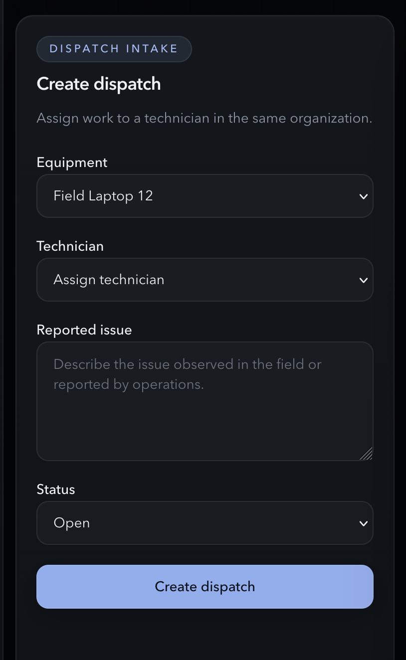 Dispatch intake form inside the Oyler app